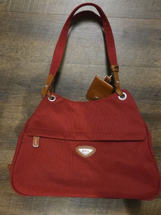 Roots Handbags - Roots Maroon Canvas Shoulder Bag with Brown Leather Accents